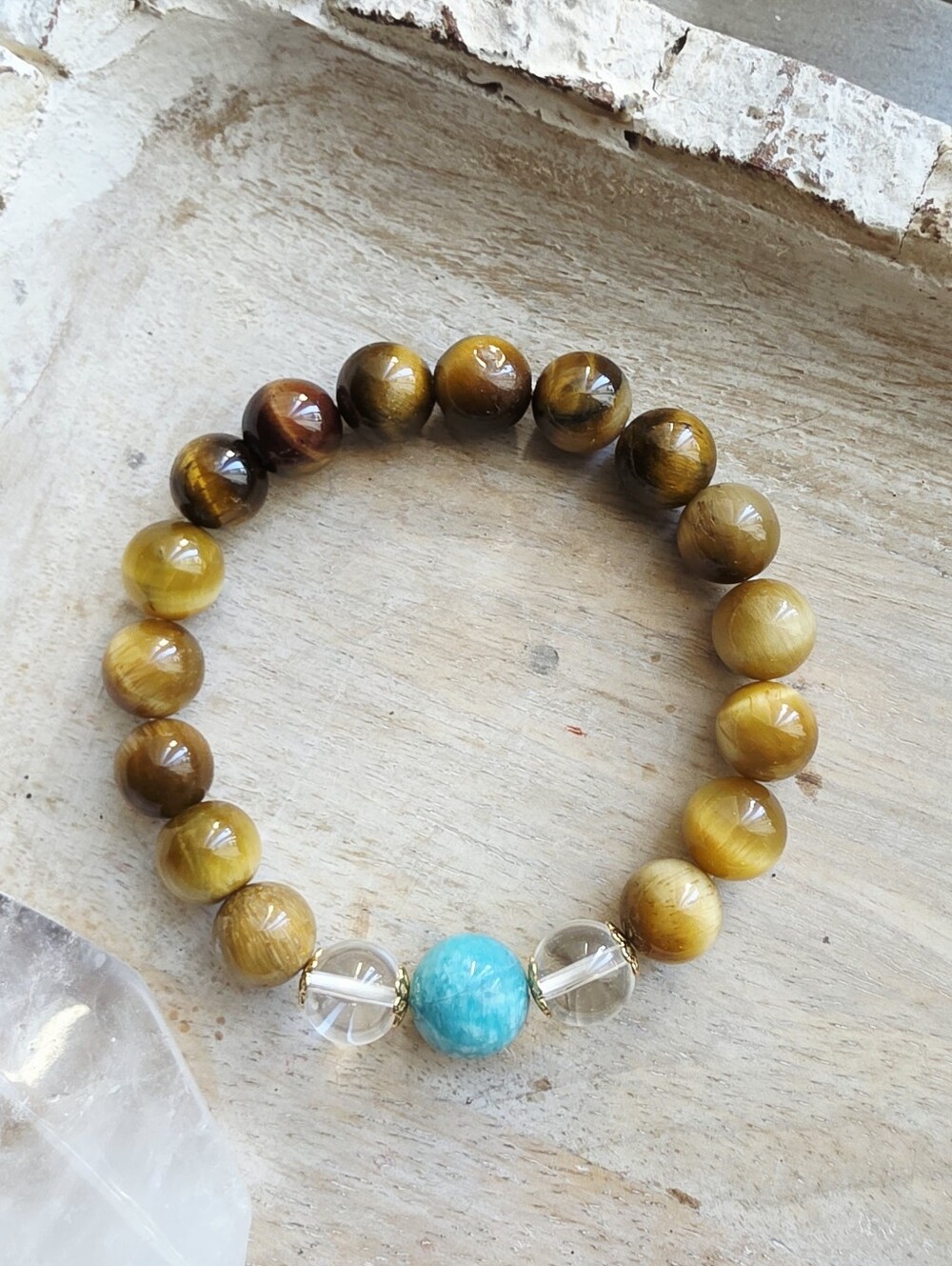 Tiger Eye and Amazonite Beaded Stretch Bracelet with Clear Quartz | Natural